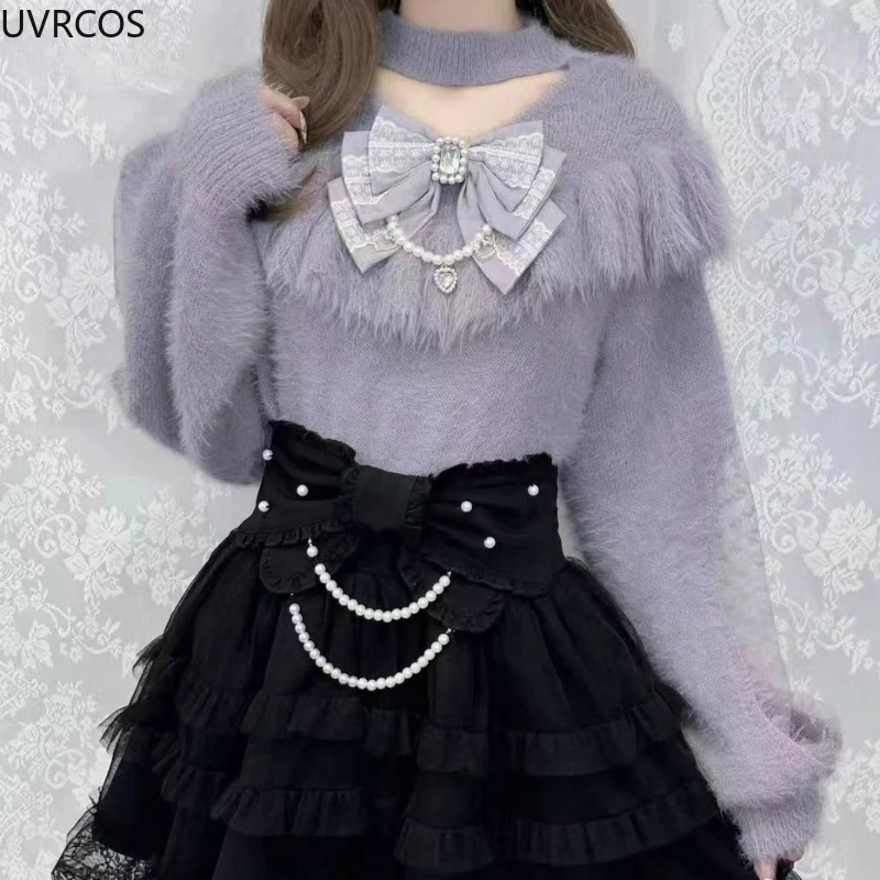 Japan Mass Production Sweet Lolita Gebreide Truien Dames Herfst Winter Wollen Parel Boog Korte Trui Zachte Harige Gebreide Jas