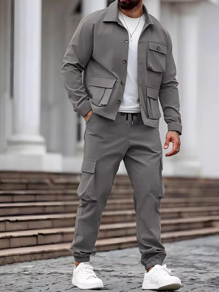 

Мужская винтажная куртка с отложным воротником и брюки-карго, комплекты из двух предметов, модные однотонные костюмы, осень 2024, повседневная мужская одежда