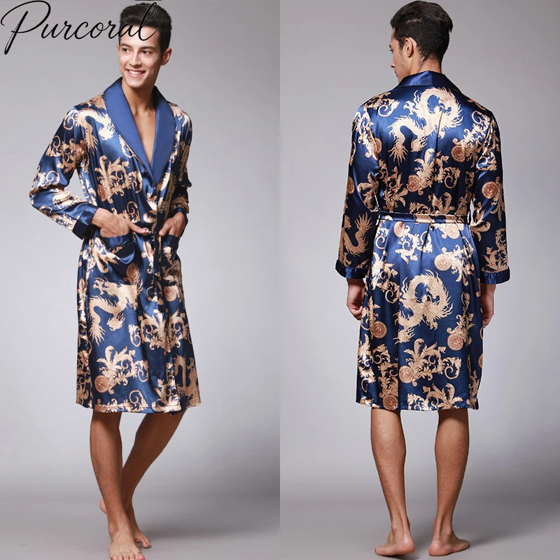 Purcoral 2026 Men Ice Silk Satin Robe Long Sleeve Dragon Print Belted Nightgown Luxurious Male Loungewear Sleepwear