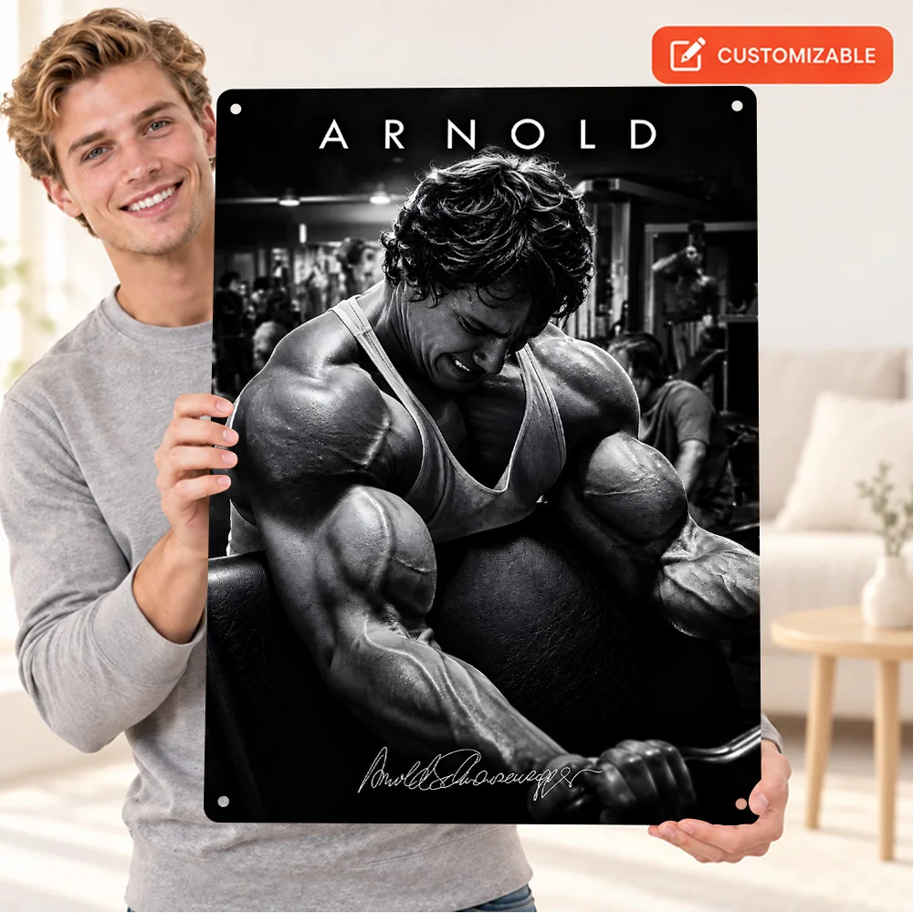 Arnold Schwarzenegger Intense Gym Workout Aluminum Poster Customized Metal Sign Monochrome Photography Wall Art For Home Office