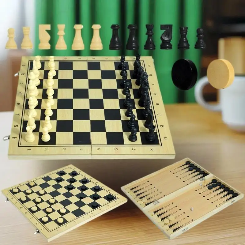 Hochwertiges Schachbrett aus Holz, tragbares 3-in-1-Reisespiel, Puzzlespielzeug für Kinder und Erwachsene