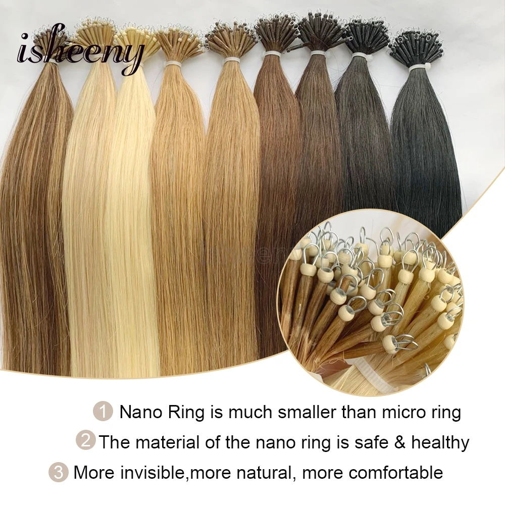 Isheeny Nano Rings Hair Extensions Human Hair 12 16 20 Inches Nano Tip Hair Extensions Remy Straight Hair Nano Beads Hair 50pcs