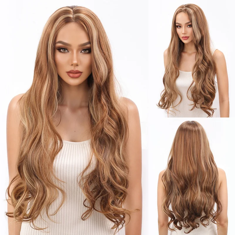 : Brown highlights, middle-parted long curly synthetic hair wig for women