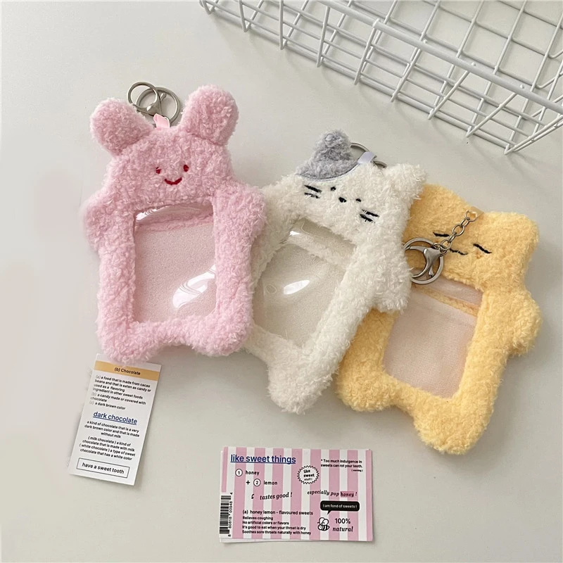 INS Cute Cat Rabbit Card Holder Pendant Plush Card Case Cartoon Student ID Card Cover With Keychain Korean Stationery Display