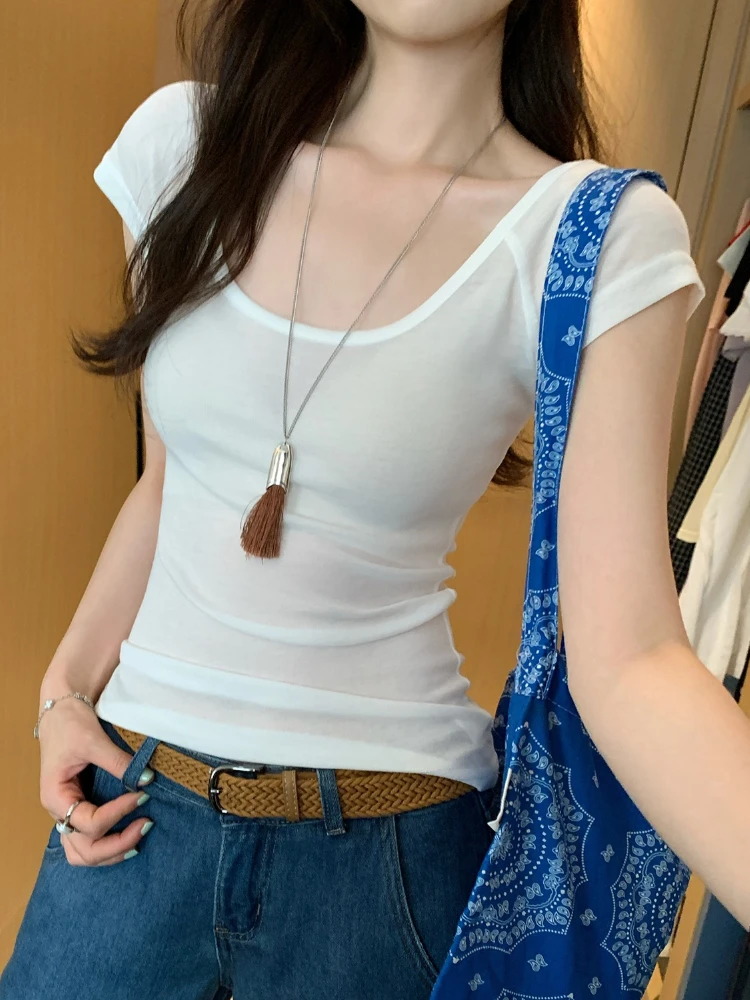 Zjaiss 2026 Sommer Damen Pure Desire Dünnes U-Ausschnitt Kurzarm-T-Shirt im koreanischen Stil, schmal geschnittenes, figurformendes Innenoberteil