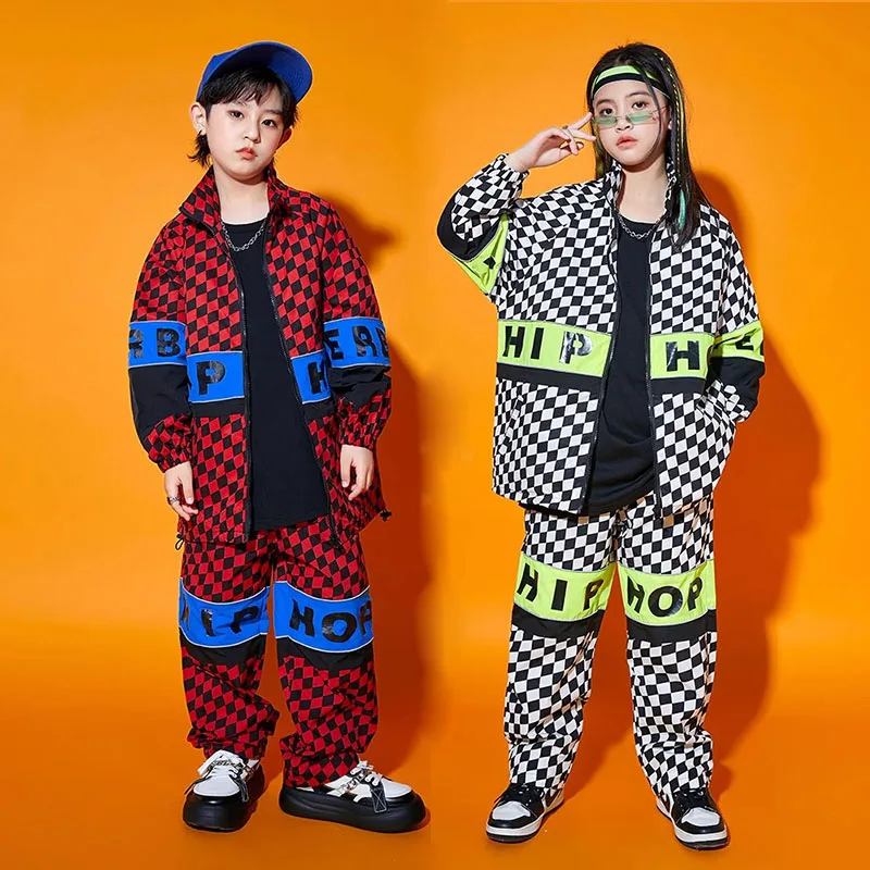 

Kid Hip Hop Clothing Red Black Checkered Zip up Windbreaker Jacket Casual Pants for Girl Boy Jazz Dance Costume Wear Clothes Set