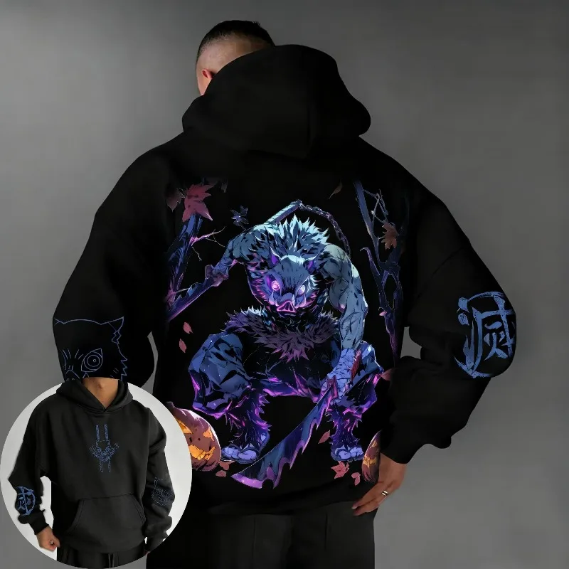 Demon Slayer Halloween Co-Branded Hoodie Herbst/Winter Herren Neu Hashibira Inosuke Anime Bedruckt Lässig Locker