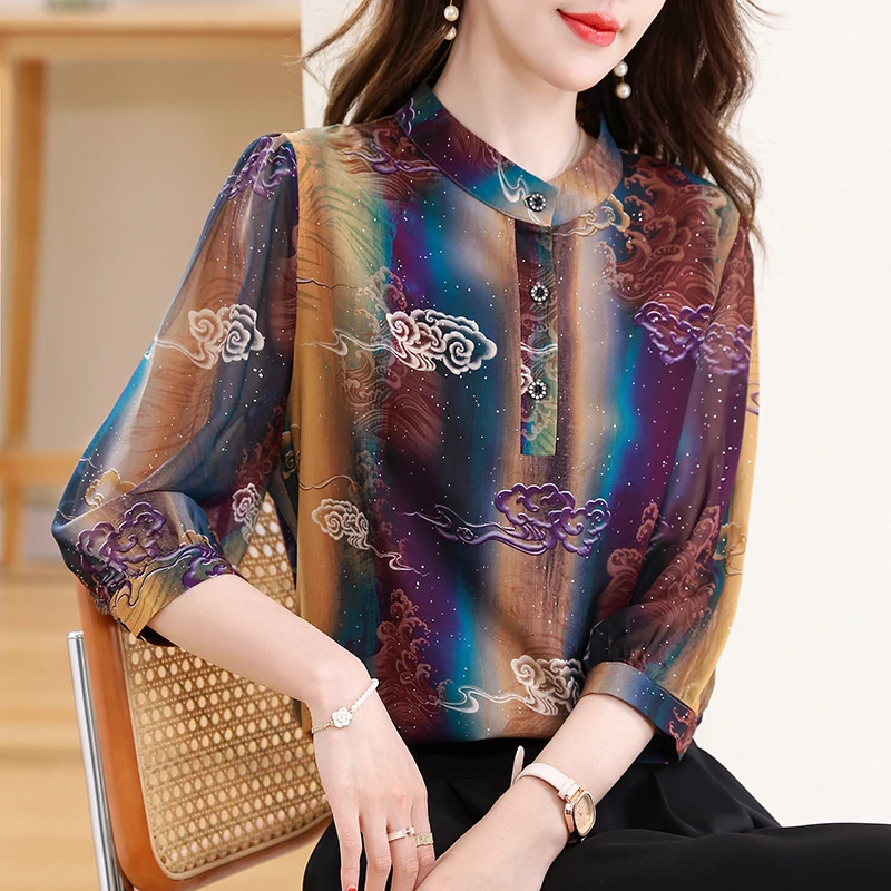 Elegant Fashion Silk Chiffon Blouse 3/4 Sleeve Printed Office Lady Shirt 2025 Summer Women Tops