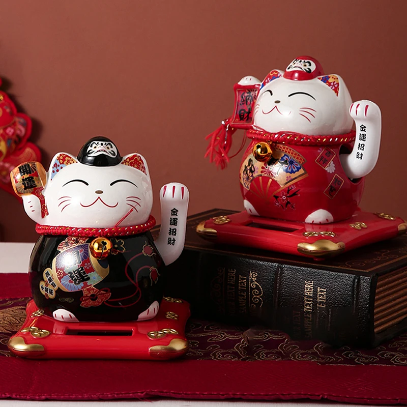6 Inch Solar-Powered Ceramic Lucky Cat Figurine Feng Shui Fortune Cat, Automatic Waving Maneki Neko with Chinese Blessings