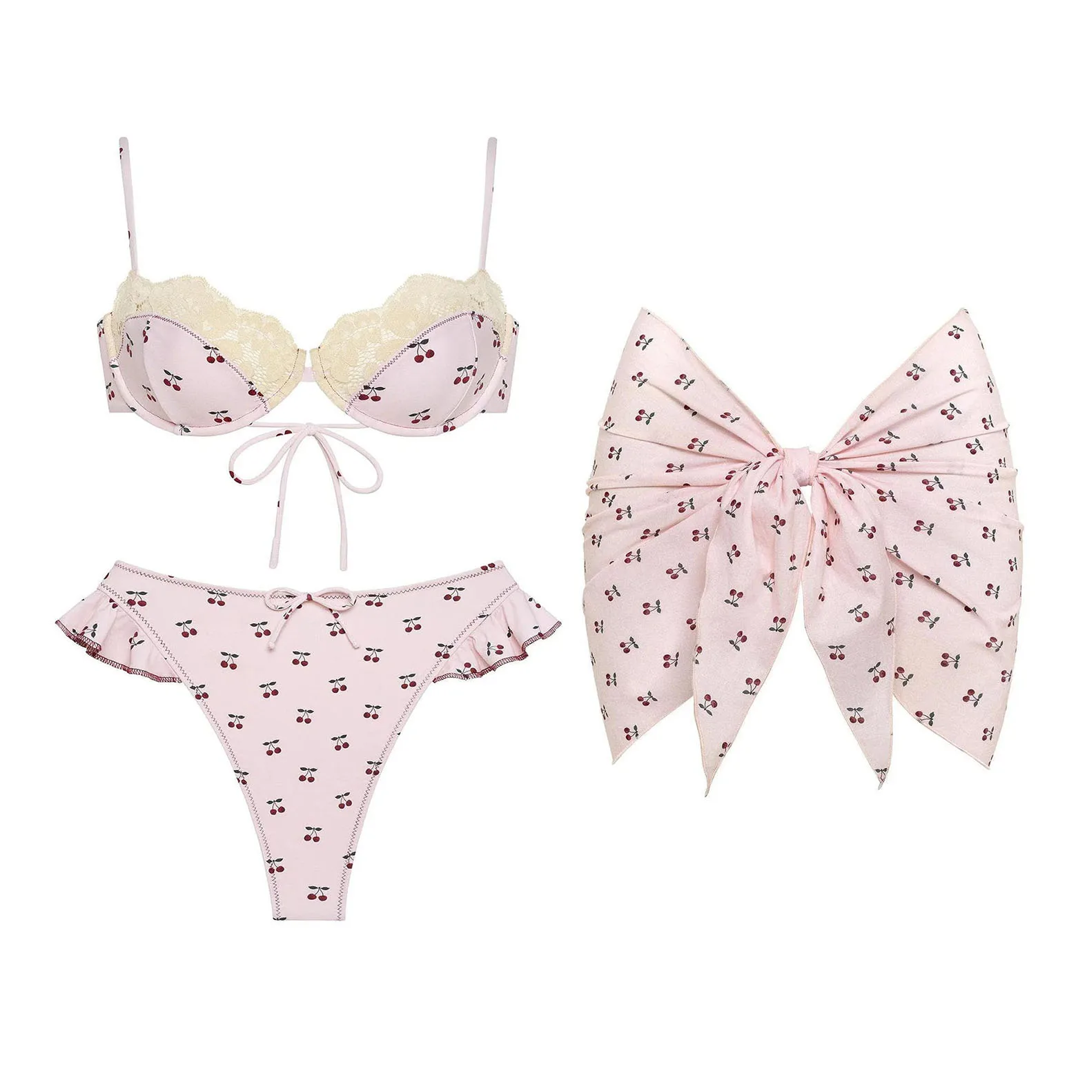 

3Pcs Push Up Bikini Sexy Women Bandeau Biquini Female Swimsuit Floral Swimwear Mini Skirt Lace Bathing Suit Cover Up Beachwear