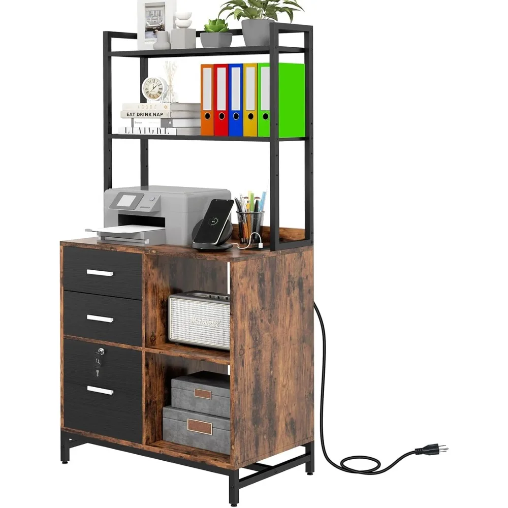 

File Cabinet with Charging Station, 3 Drawer Filing Cabinet with Bookshelf, Large Printer Stand with Open Storage Shelves for Ho