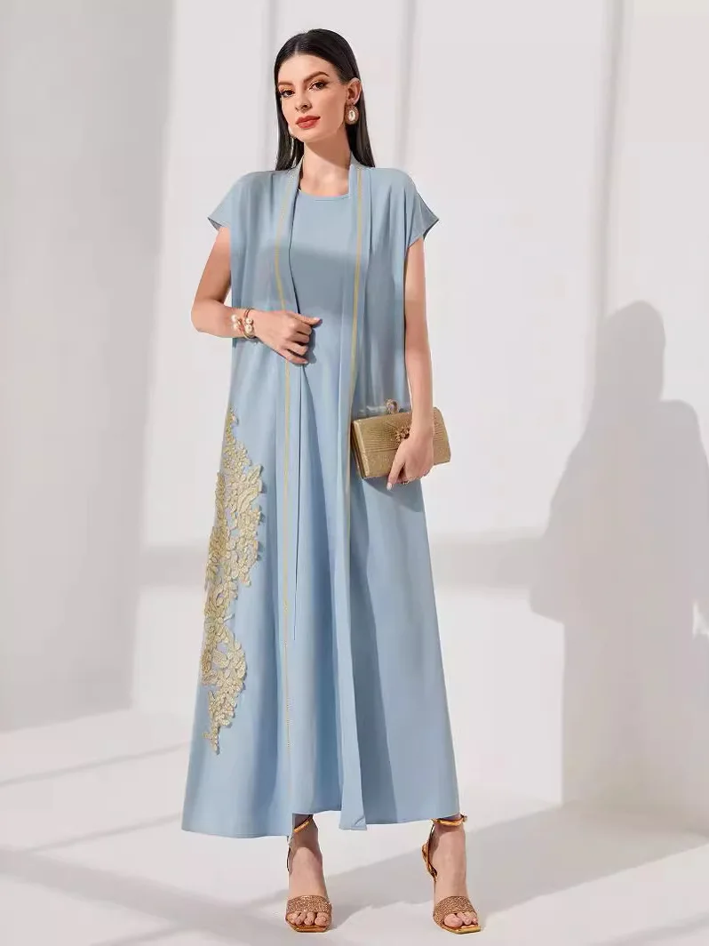 

Summer 2026 New Style Middle East Women's Clothing Embroidered Short Sleeve Two-Piece Set Long Dress Muslim Ethnicity