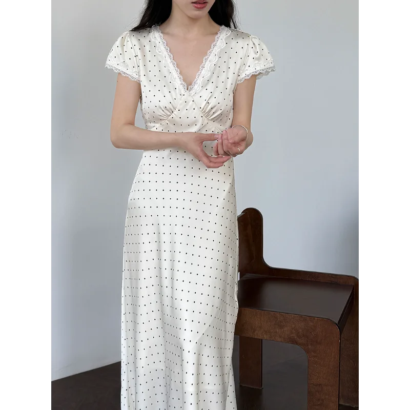 

French V-neck Lace Stitching Long Dress Female Summer New Polka-dot Elegant Vintage Wine Short Sleeve Fashion Chic Dress Women