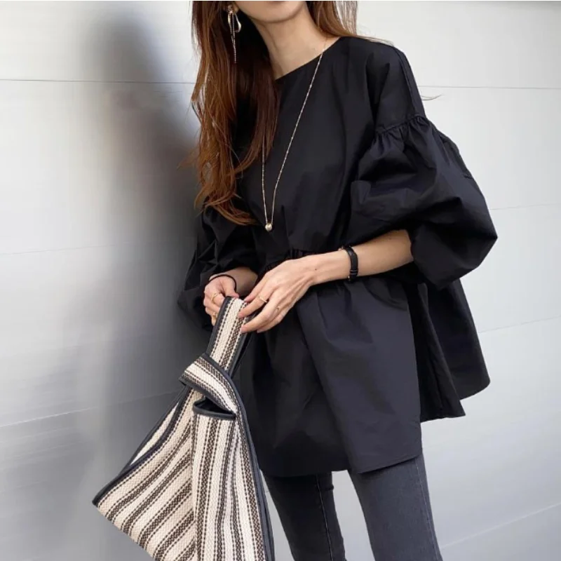 Japan Style Retro Lantern Sleeve Blouse Shirts O-neck Ruffles Patchwork Loose Blusa Spring Summer All-match Solid Ladies Tops