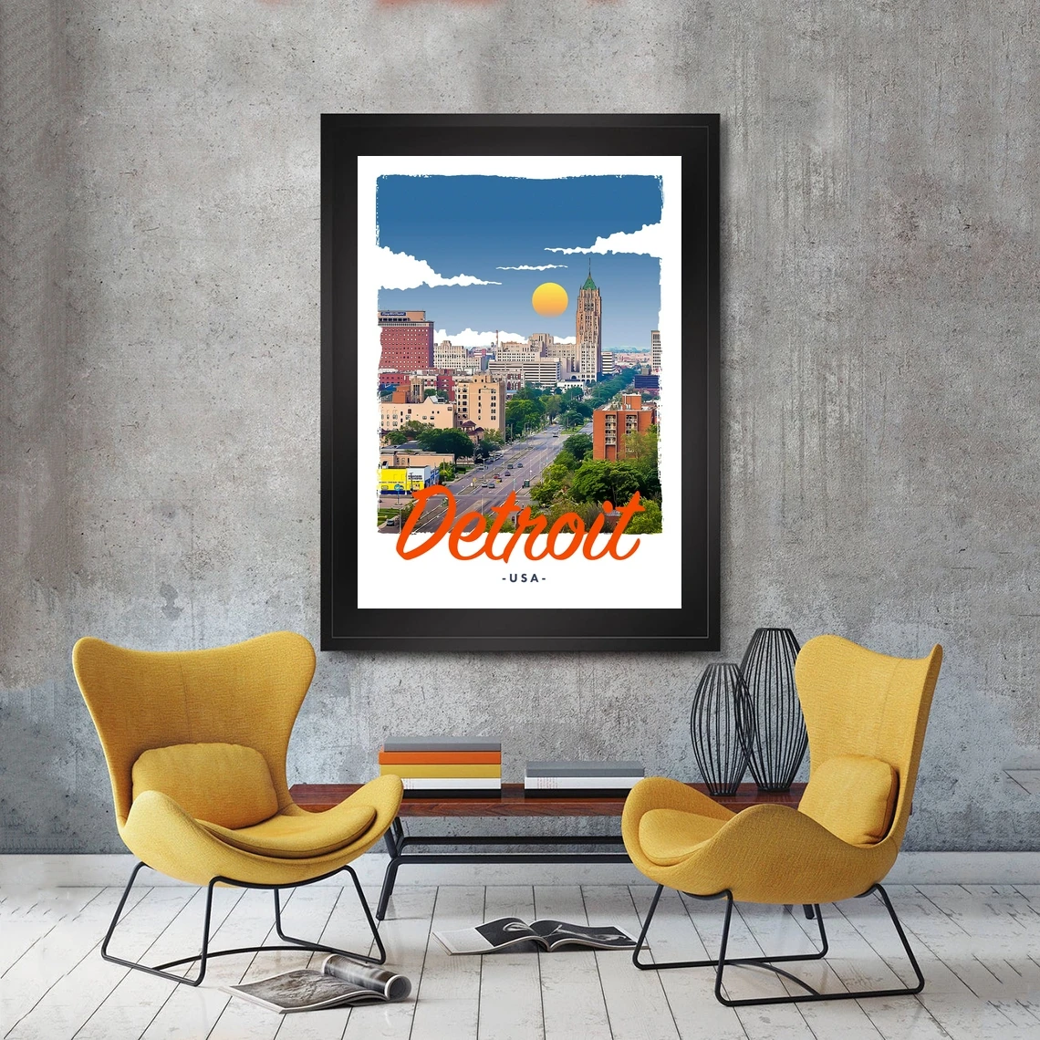 Detroit USA Retro Vintage Style Travel Poster HD Printable Canvas Art Print Home Decor Wall Painting ( No Frame )