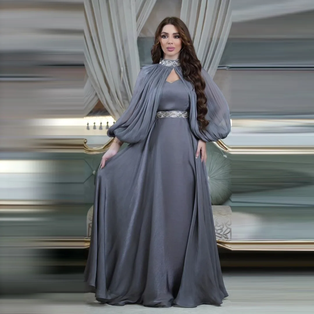 Middle Eastern Muslim Women\'s Two-piece Dresses Diamond Fashion Satin Robe Abaya Long Sleeves Shawl Elegant Evening Gowns