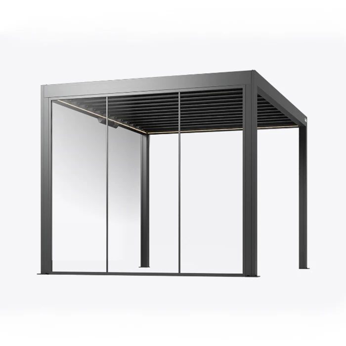 Bioclimatique Motorized Aluminum Electric Outdoor Pergola with Powder Coated Frame Waterproof Sliding Glass Door for Balcony