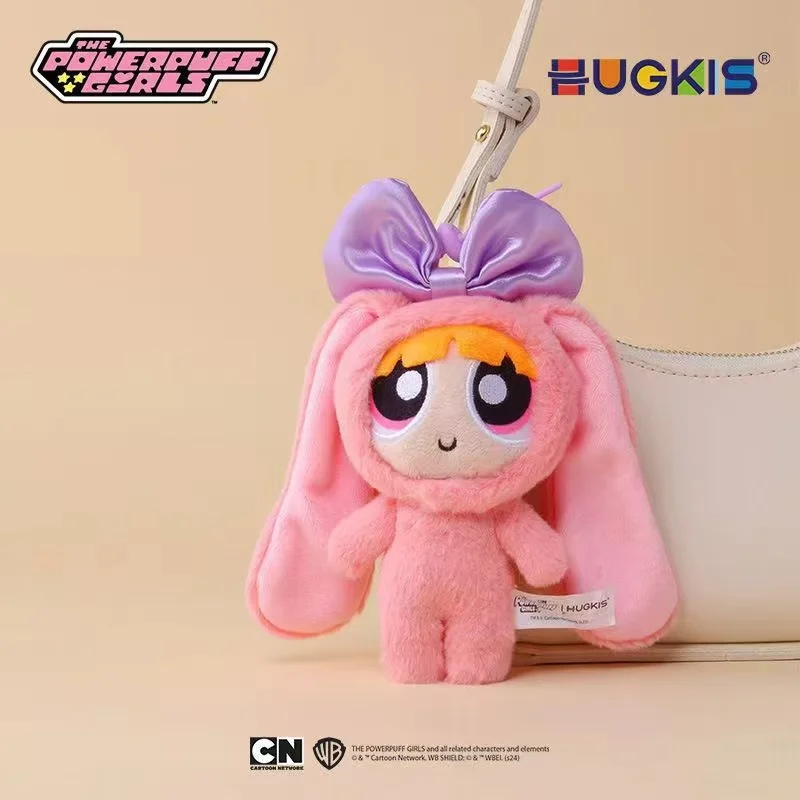 Bonito 12cm powerpuff meninas chaveiro bonito dos desenhos animados coelho laço vestir-se brinquedo de pelúcia pingente imitação de pele de coelho tecido para meninas