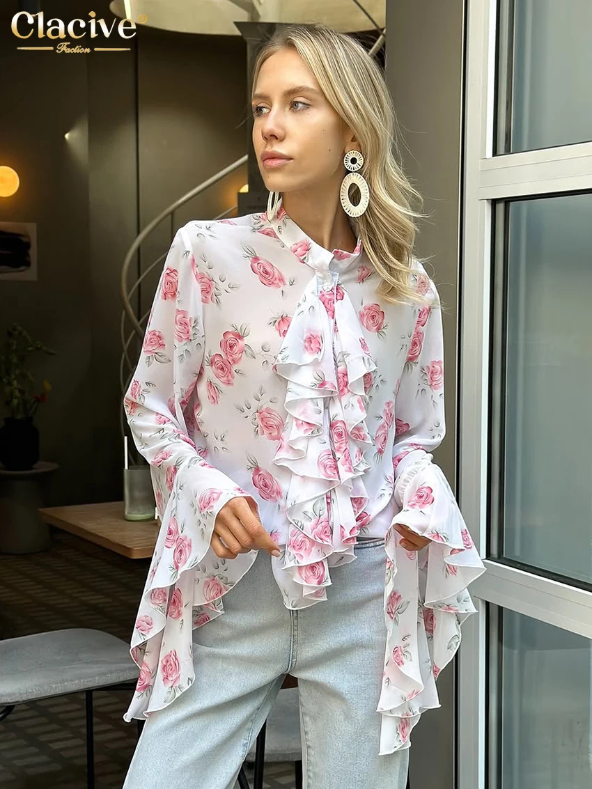 

Clacive Fashion Loose Print Women Shirt 2025 Vintage Stand Collar Long Sleeve Shirt Elegant Classic Ruffle Tops Female Clothing