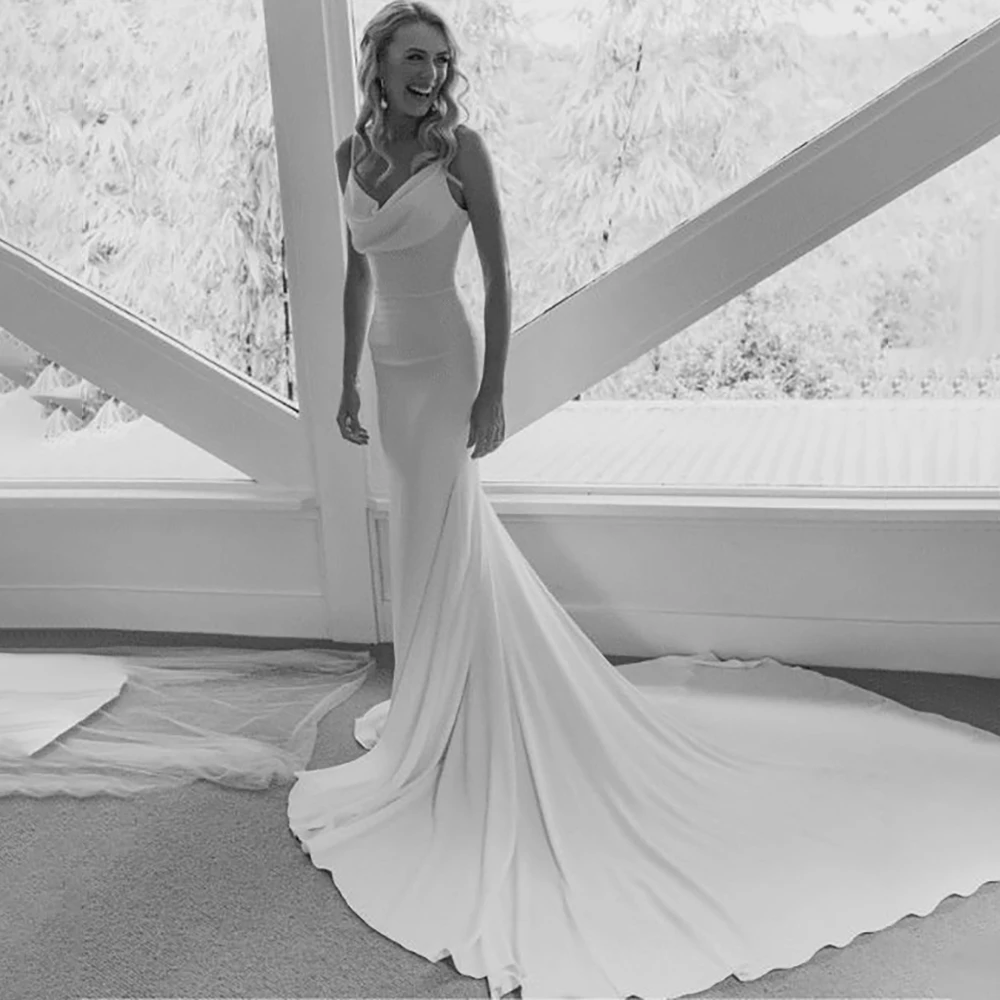 Stretchy Crepe Cowl Neck Sheath Wedding Dress Custom Made Backless Draped Trailing Stretch Satin Spaghetti Straps Bridal Gowns