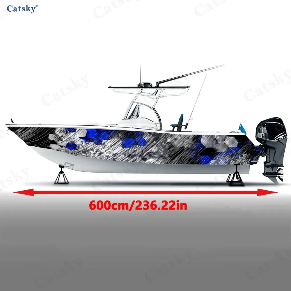 2Pcs Blue & White Honeycomb Splash Boat Stickers, PVC Waterproof Vinyl Wrap Decals for Fishing Boats, Durable and Stylish Design