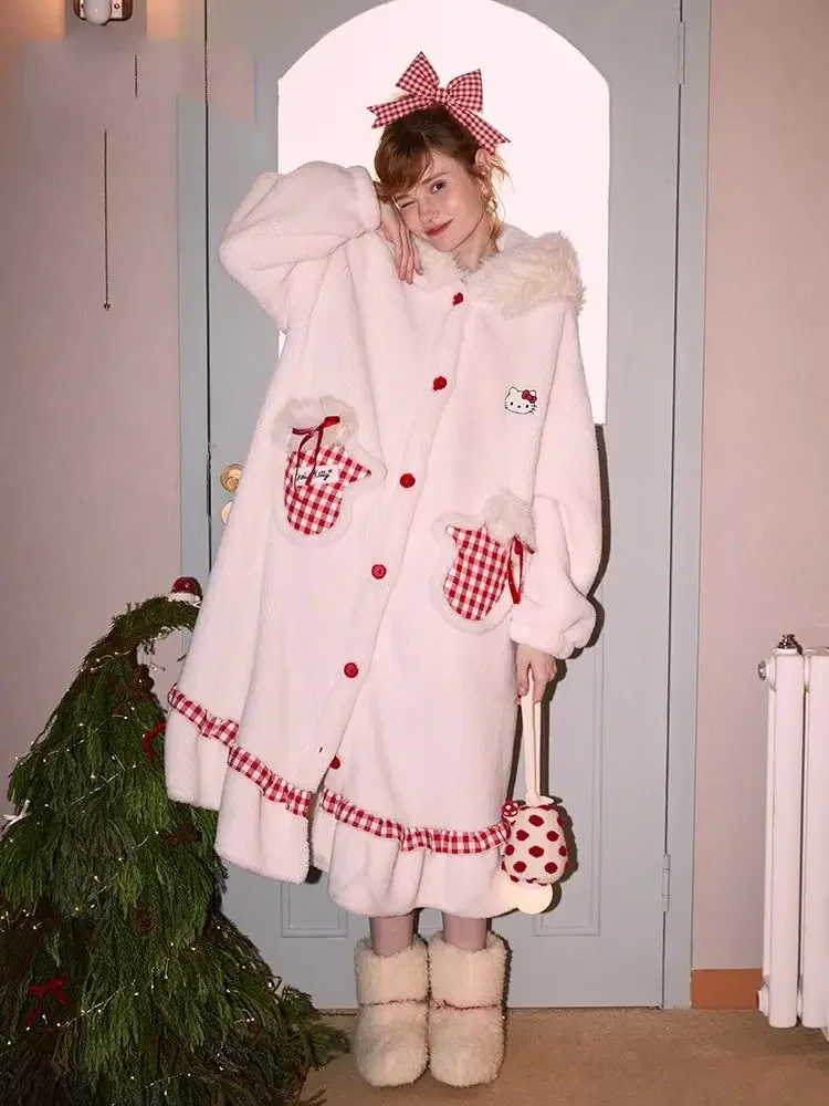 

Sanrio Hello Kitty Thicken Warm Coral Velvet Nightgown Female Autumn and Winter One-Piece Pajamas Loungewear Lady Nightdress
