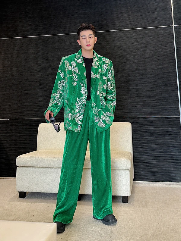 

Весенняя коллекция: Мужской костюм-двойка из бархата с пайетками и вышивкой, широкие брюки, модный ретро-стиль, уличная одежда