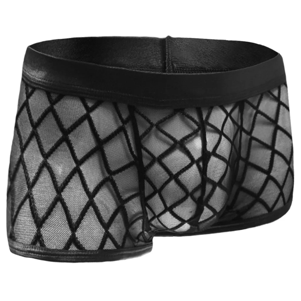 Men's sexy lingerie Lace Gingham Transparent Mesh Low Waist boxer Briefs