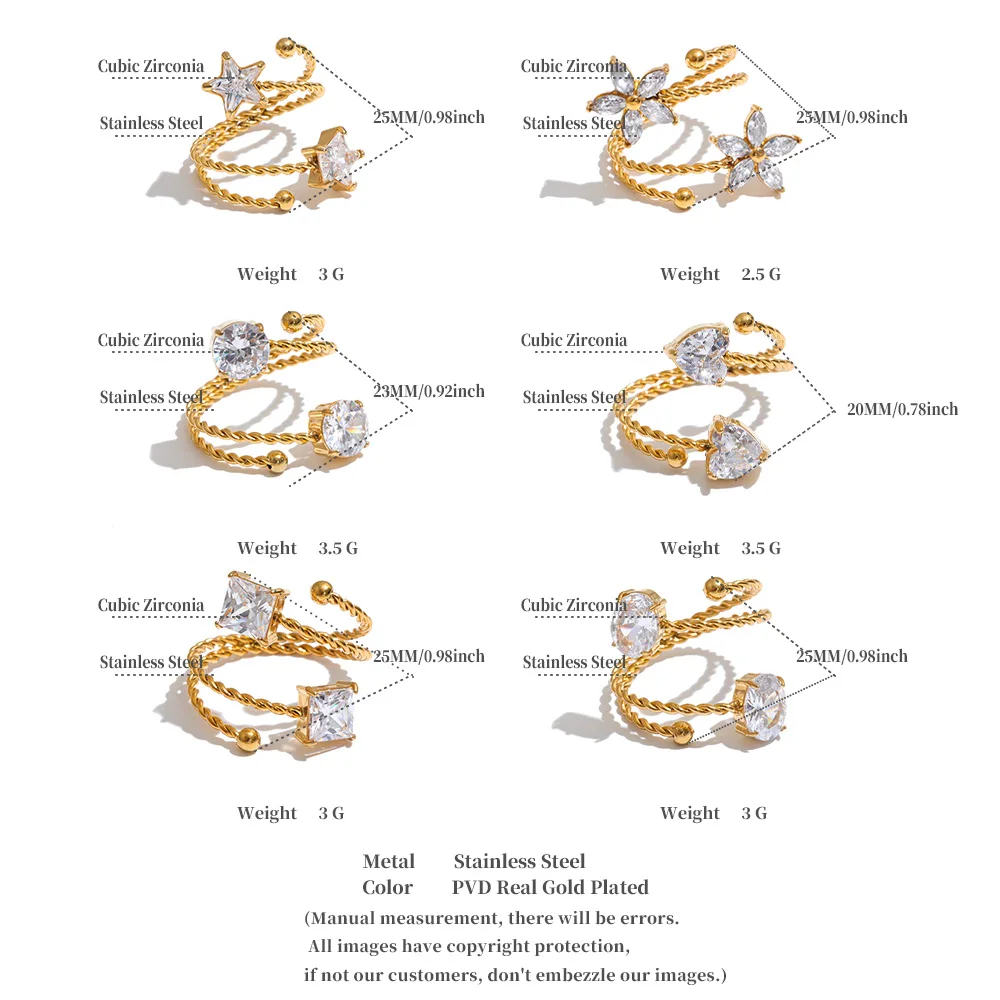 Yhpup Edelstahl Verstellbarer Manschettenring Sterne Blume Herz Zirkonia Mehrschichtig Modischer Goldener Fingerschmuck Geschenk – Detail 1