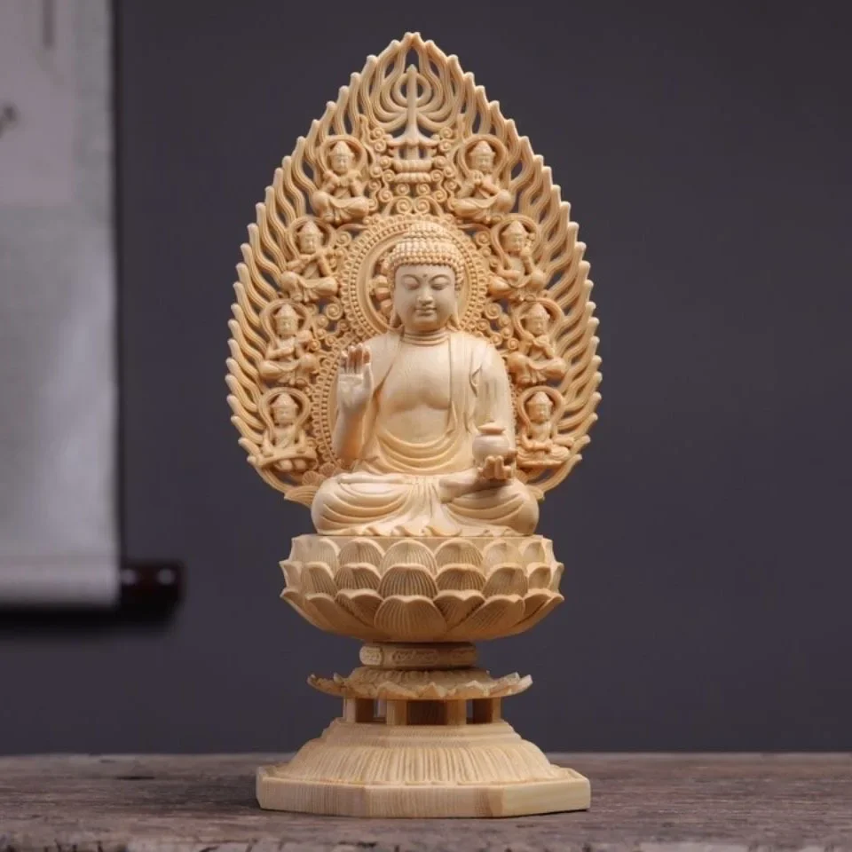V8 cypress wood essence carving, oriental world, clear glass, pharmacist Buddha statue ornament, wisdom Tathagata Buddha