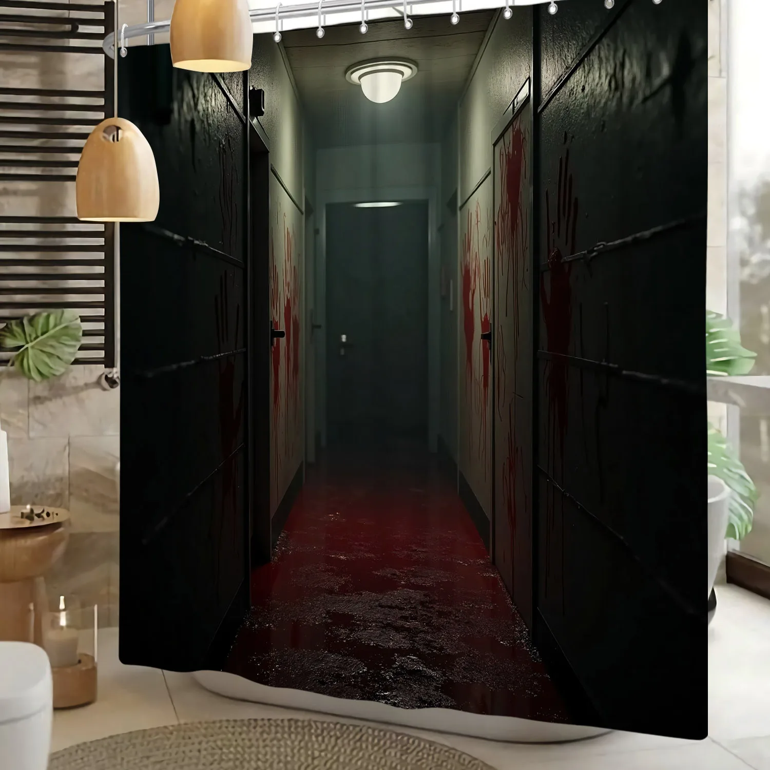 Halloween Horror Bathroom Decorative Shower Curtain Pumpkin Full Moon Night Haunted Abandoned Building Halloween Bath Curtains