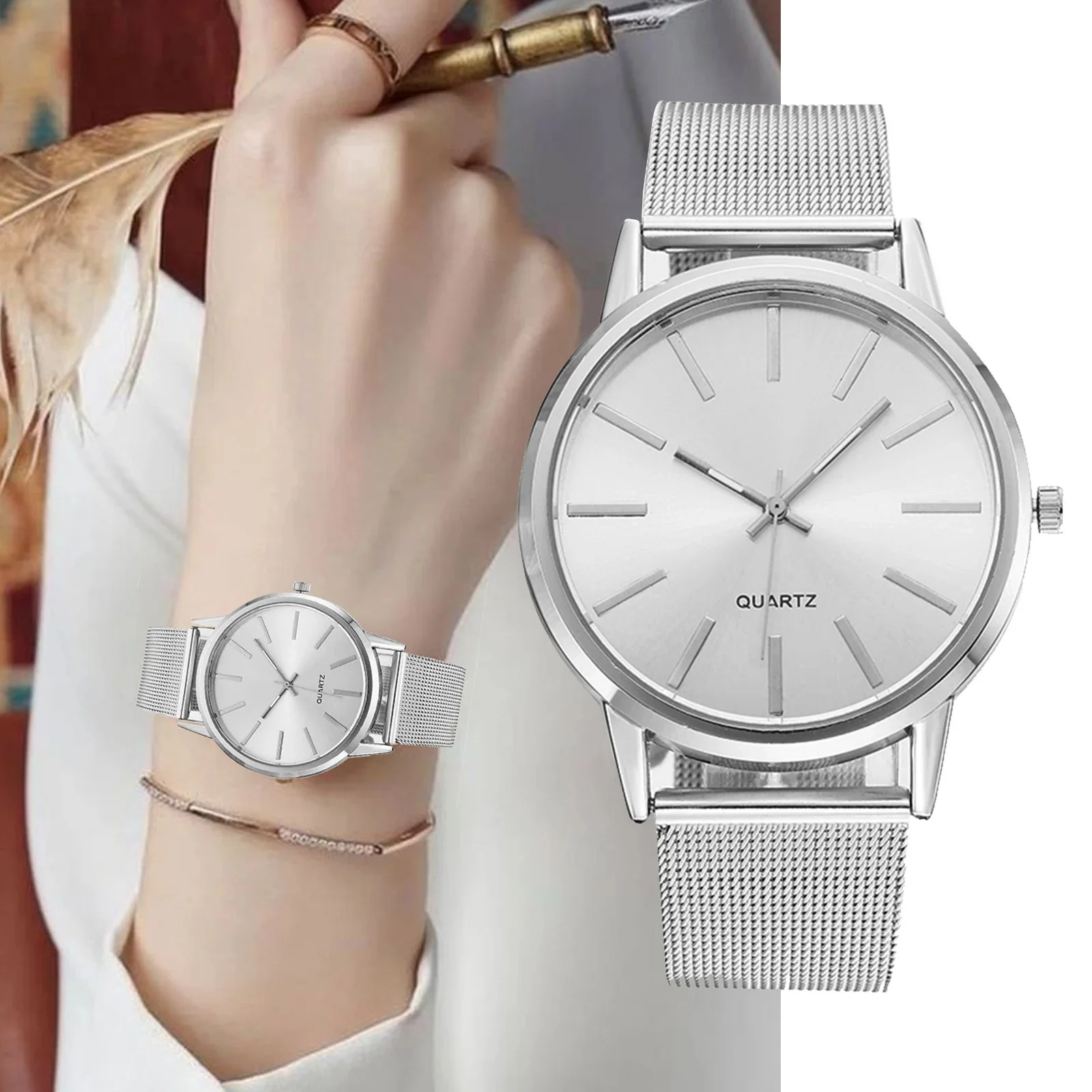 Fashion Sliver Women\'s Watches Luxury Metal Analog Quartz Wristwatch Mesh Belt Simple Elegant Ladies Watch Clock Reloj de Mujer