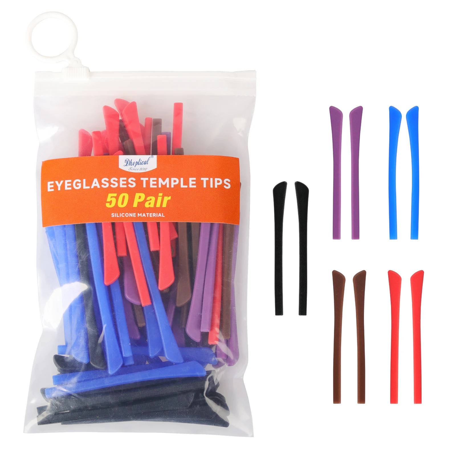 (50 Pair) Eyeglasses Temple Tips Silicone Material Soft Ear Grips 5 Color Square Hole for Eyewear Shop and Eye Hospital