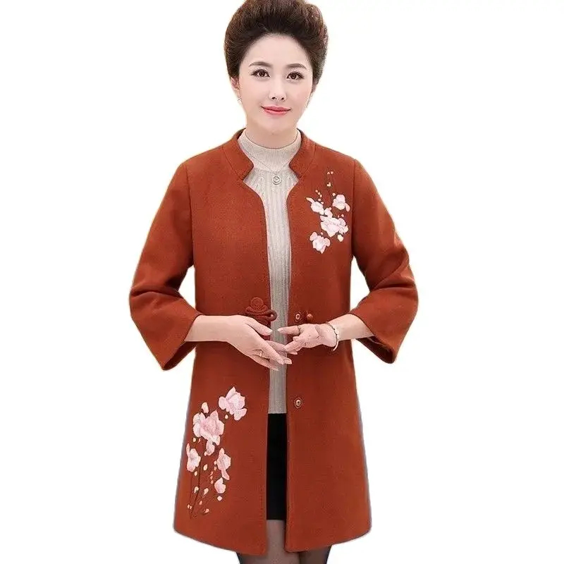 

Autumn Women's Woolen Coat New Floral Embroidery Vintage Mid Long Overcoat Jacket Middle-aged Outwear Female Blended Wool Coat