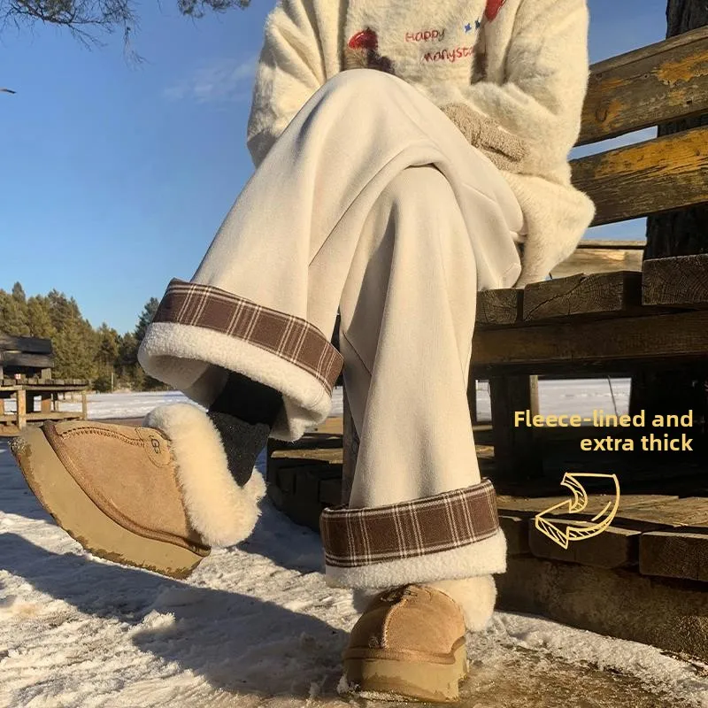 กางเกงลำลองทรงตรงขากว้างสไตล์อเมริกันเรโทรลายสก็อตต่อผ้าบุซับในสำหรับผู้หญิง ให้ความอบอุ่น ทรงหลวม สไตล์สตรีท