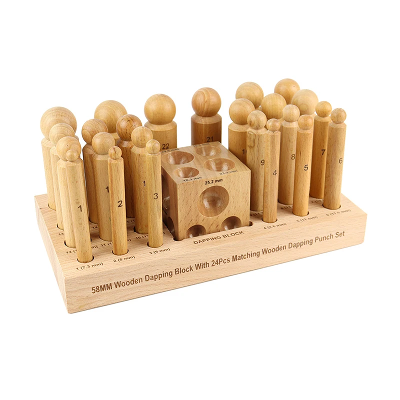 

Durston Wooden Dapping Set 24 pc Wooden Punches & 58mm Dapping Block Soft Metal Half Spheres Forming Sets for Jewelry Making