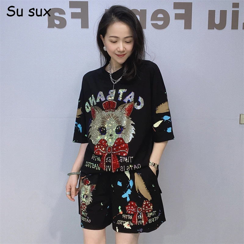 

Cartoon Cat Sequins Short Pant Sets For Woman Oversized 2 Pieces 2025 Summer Japanese Korean Fashion Short Sleeve T-shirts Sets