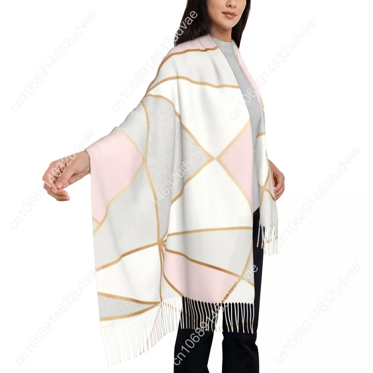 Pink Grey Gold Geometric Abstract Pattern Tassel Scarf Women Soft Geometry Shawls Wraps Ladies Winter Fall Scarves