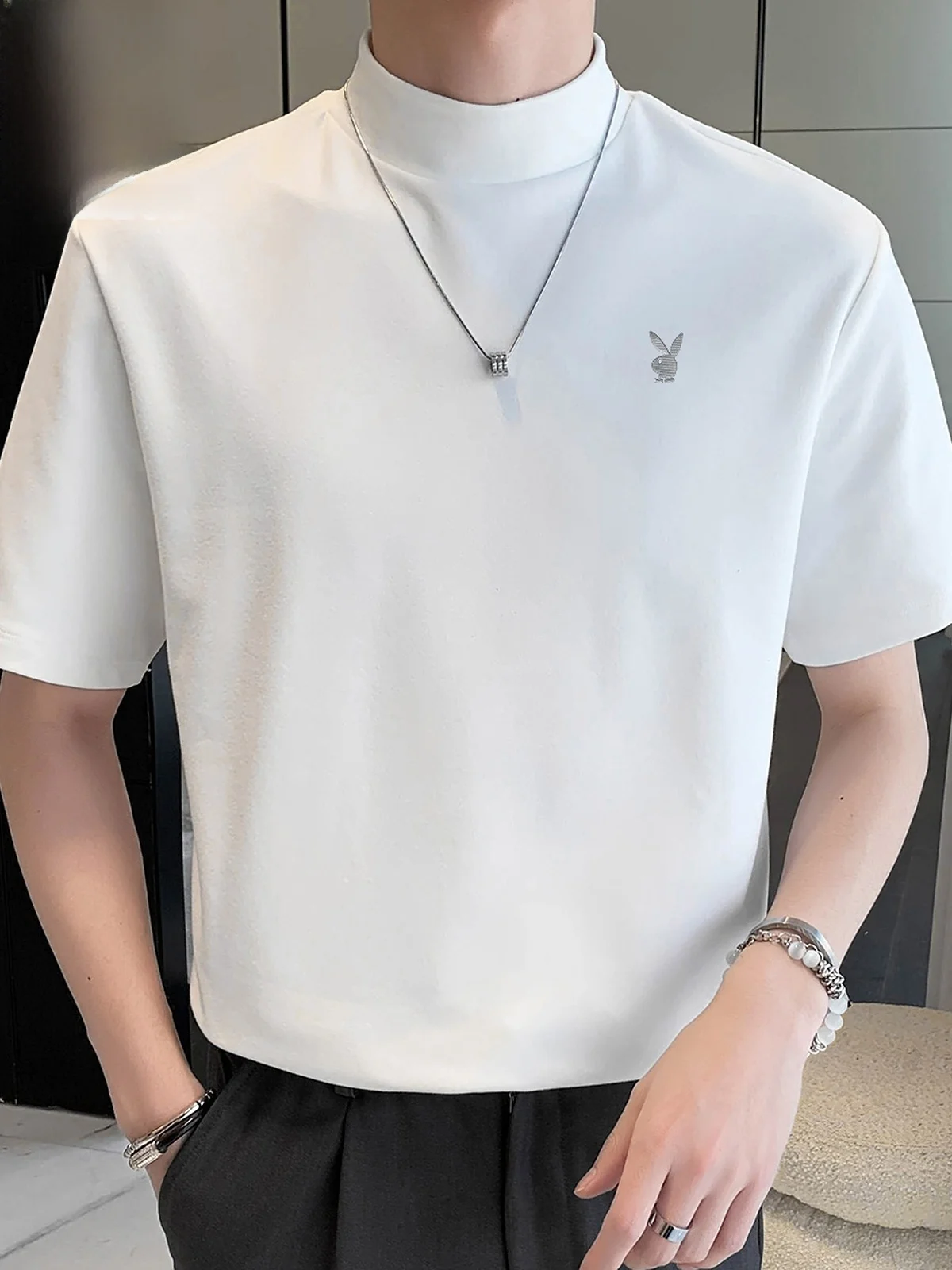 

Мужская летняя футболка с высоким воротником и коротким рукавом, новая, простая, однотонная, универсальная, плотная, модная.