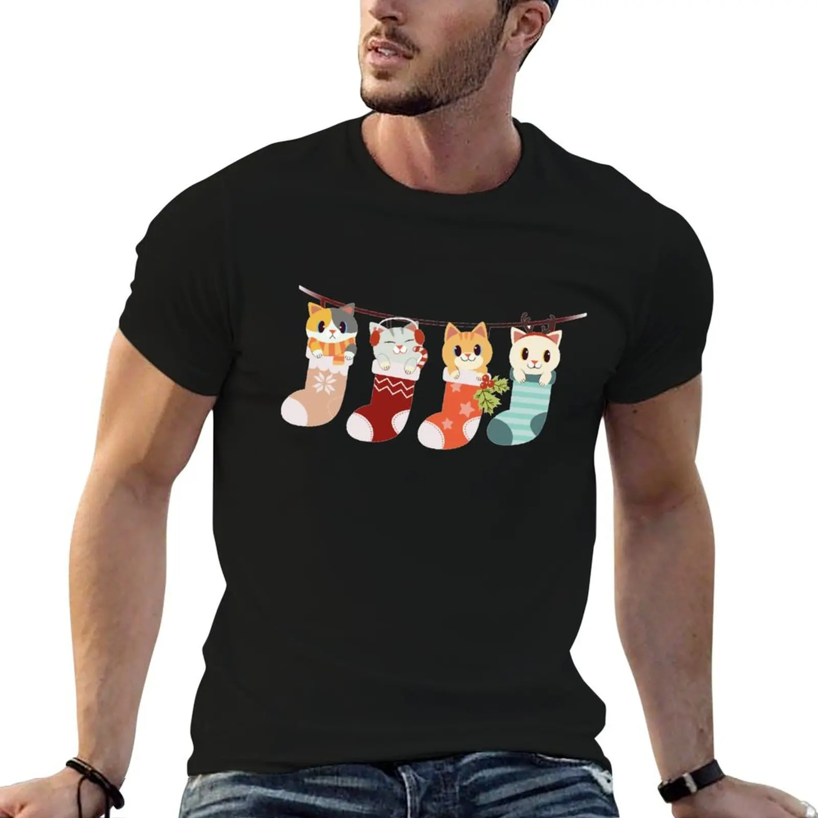 collection cute cat big sock set Christmas winter theme Premium T-Shirt man t shirt blue archive T-shirts for men cotton