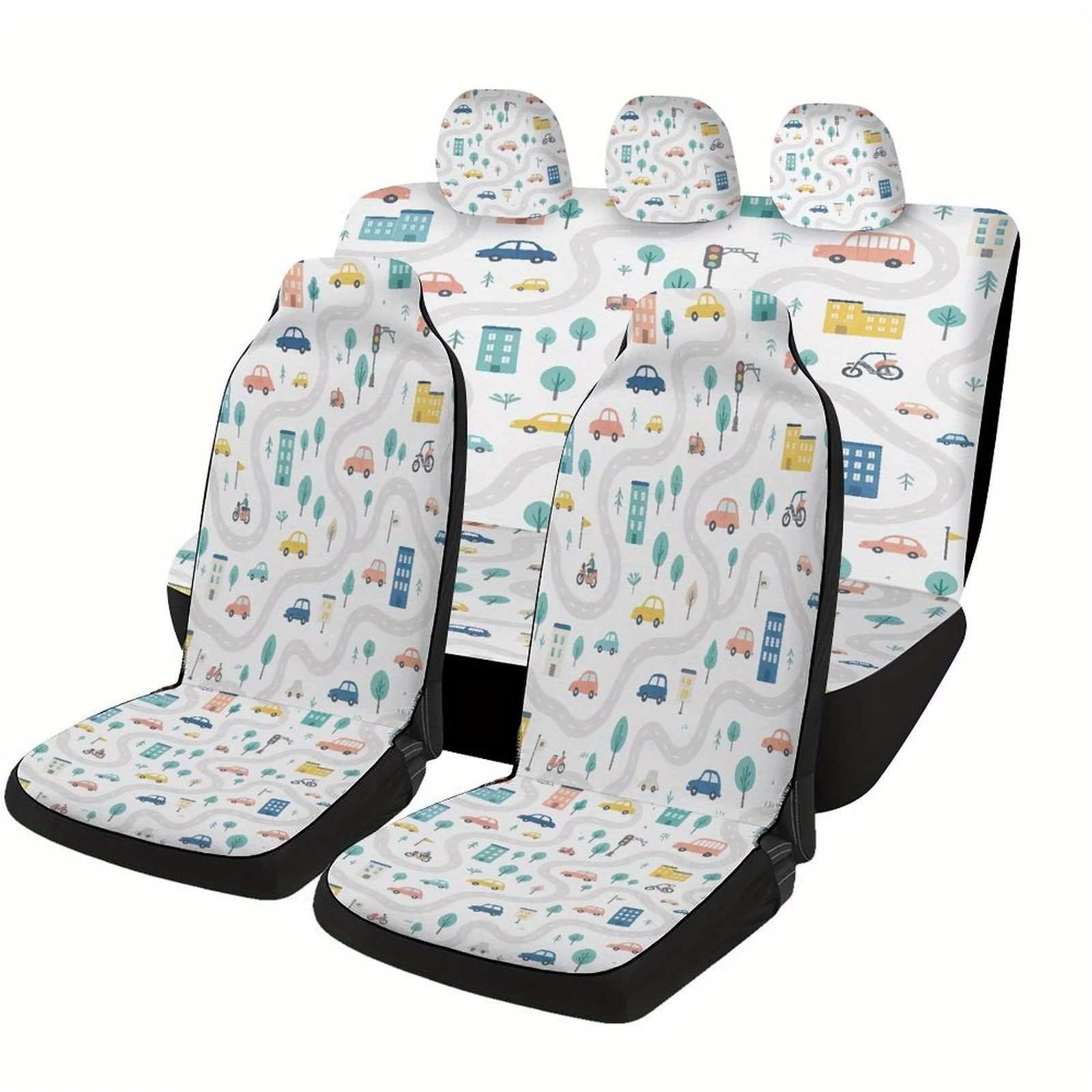 A Complete Set Of Car Seat Covers Featuring A City Road Pattern, Designed To Fit Most Vehicles. These Stylish Novelty Covers Ser