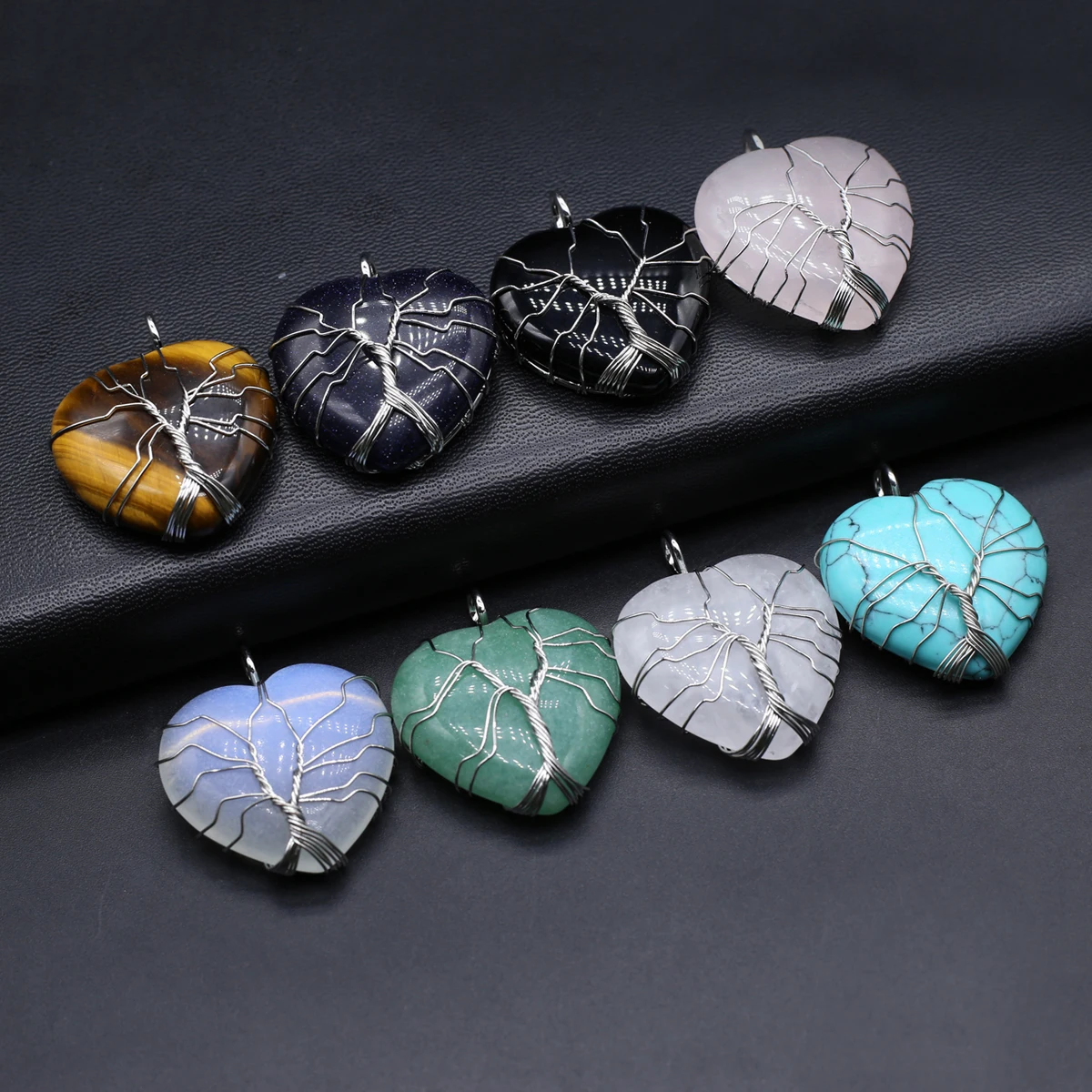 6PCS Natural Stone Heart shaped Gold Thread Wrapped Life Tree Weaving Pendant Jewelry Making DIY Necklace Accessories Gift