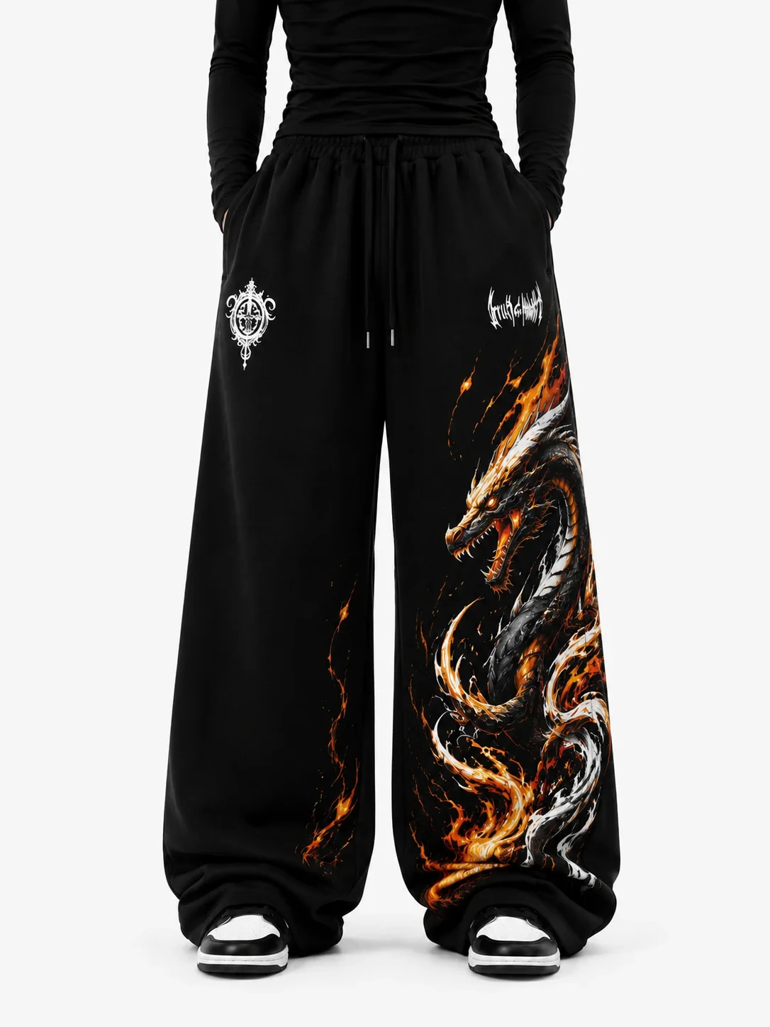 Men Fiery Dragon Art Print Casual Pants, Dark Gothic Streetwear Style, Ideal for Music Festivals & Street Social Gatherings