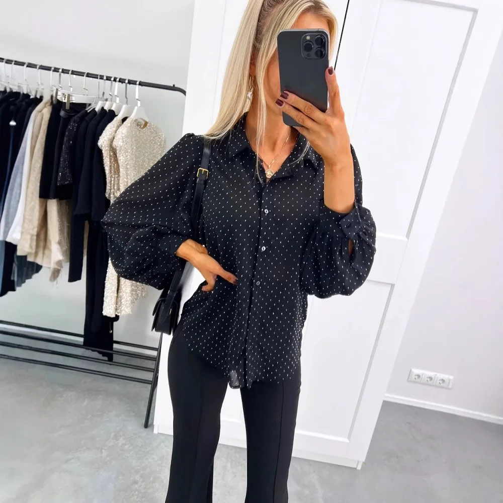 

Women's Fashionable Long Sleeved Button Polka Dot Loose Design Lapel Elegant Shirt Top Clothing for Women