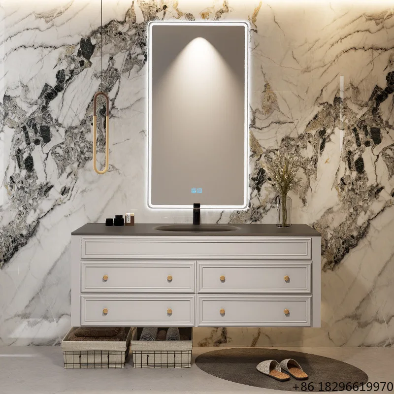 Light Luxury LED Explosion Proof Vanity Mirror Glass Bathroom Cabinet Smart Storage Solution With Basin For Home Bathroom