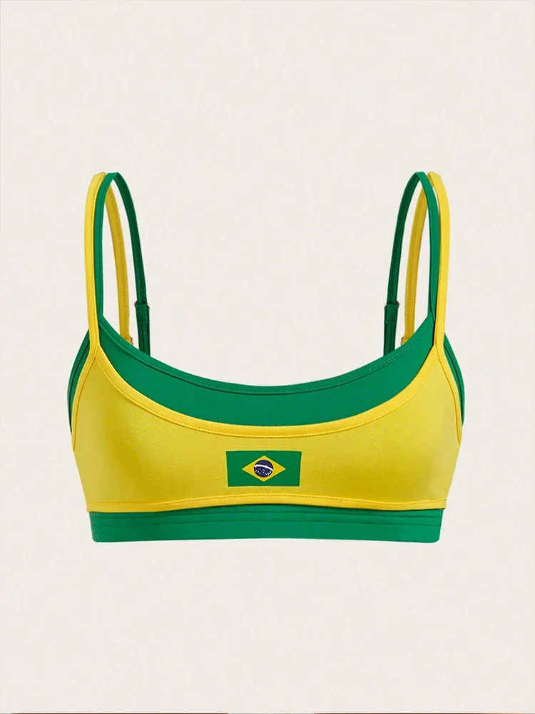 Brazil Flag Print Double Spaghetti Strap Crop Top Scoop Neck Slim Fit Y2K Streetwear Party Clubwear For Women
