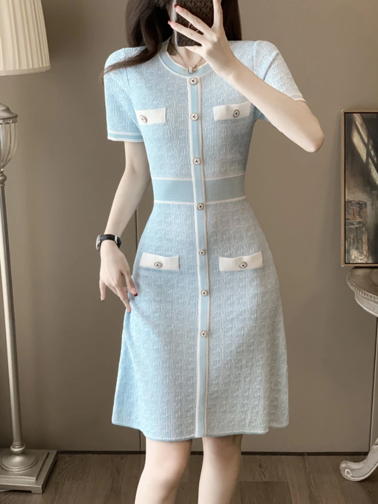 2024 French Commuter Ice Silk Knitted Dress Women Summer Blue Thin Stretch Slim Short-Sleeved A-Line Skirt Holiday Party Clothes