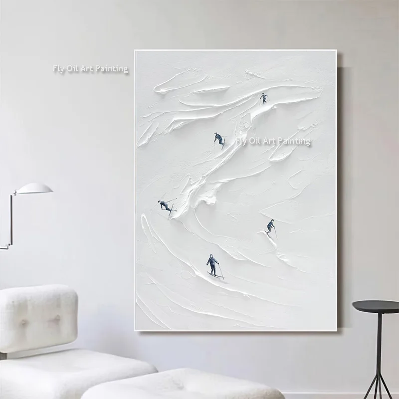 Hand Drawn People Skiing In Winter Thick Oil Painting Modern Snowy Mountain White Landscape Canvas Wall Art For Home Decor
