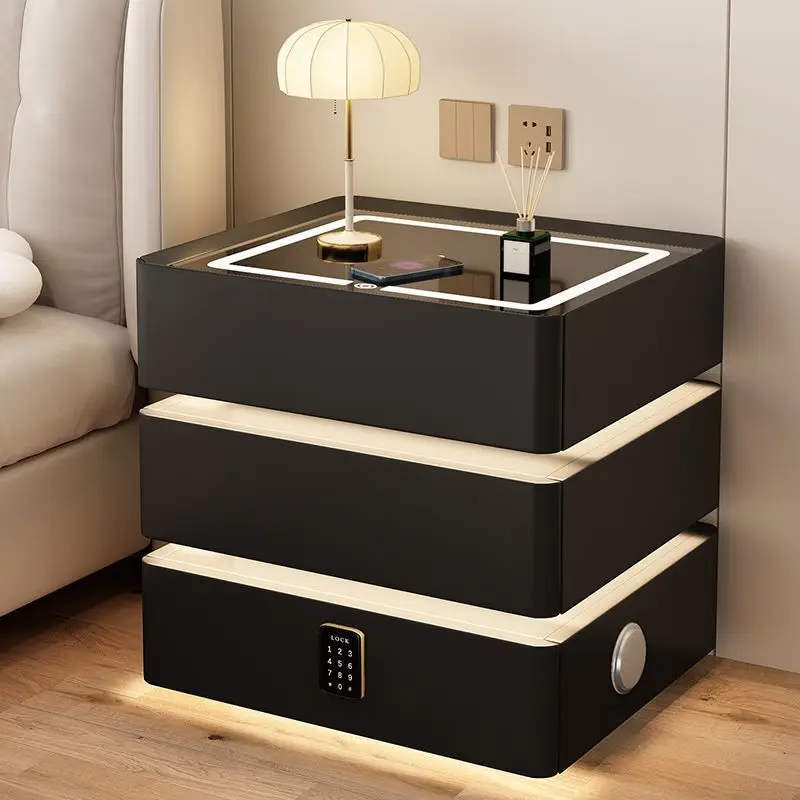Modern Luxury Wooden Assembled Smart Bedside Table LED Lighting Wireless Charging Fingerprint Recognition Eco-friendly White