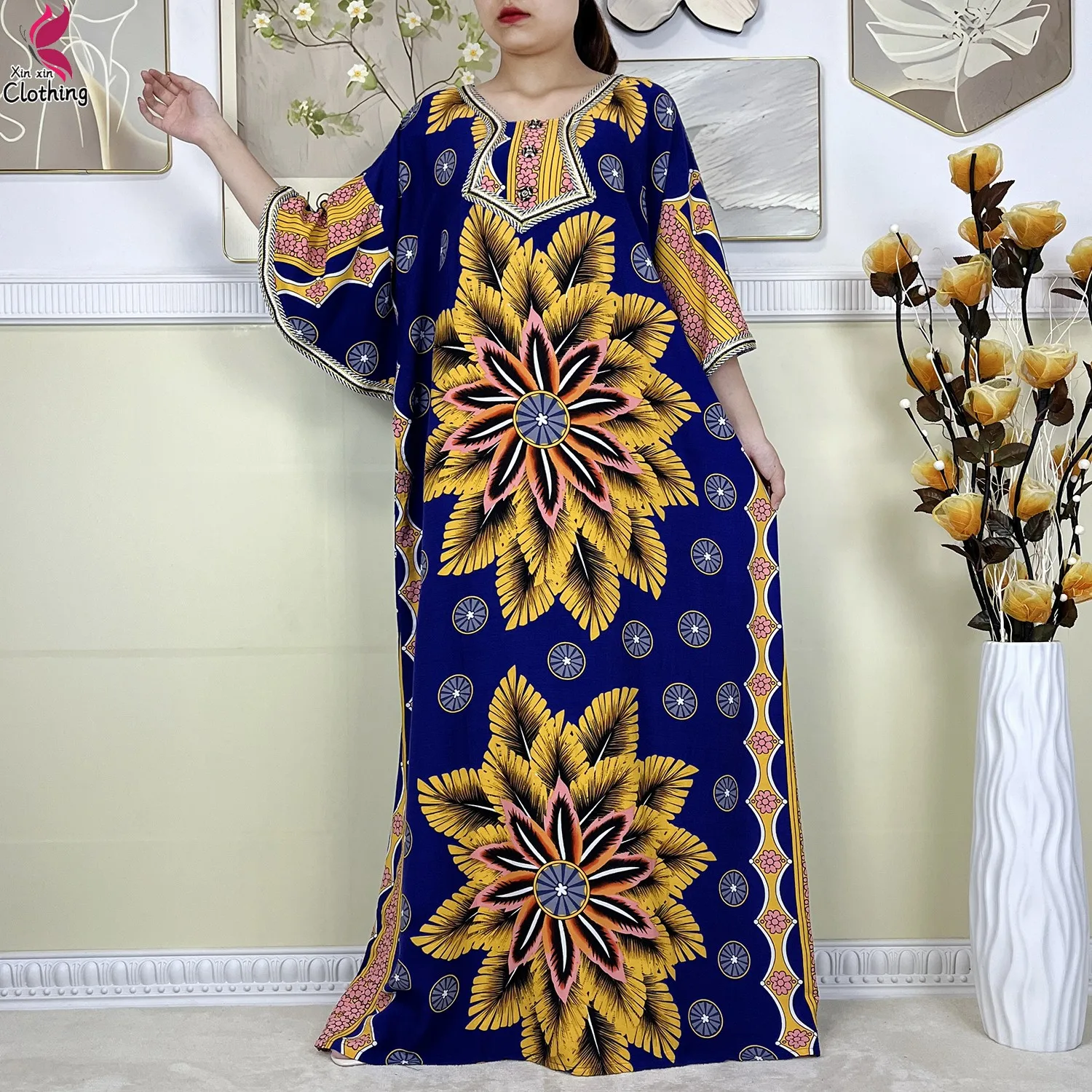 New Style High Quality Muslim Abayas For Women Dress 100%Cotton Dubai Fashion Pocket Printed African Dashiki Femme Loose Dress